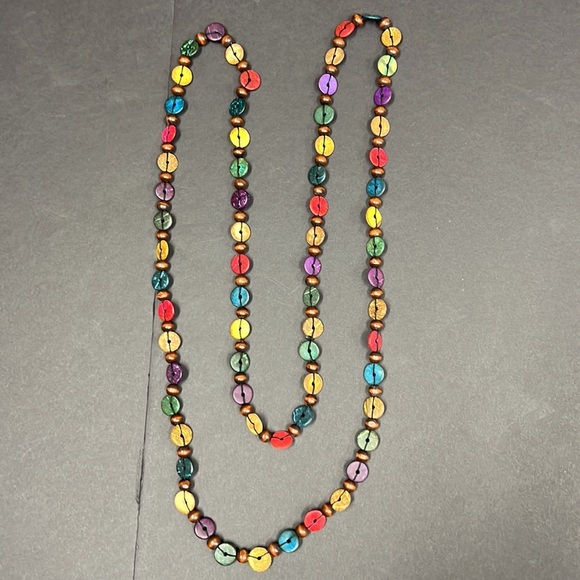 Wooden Beads Buttons Chain Necklace Multiple Bright Colors Hand Made NWOT - Picture 1 of 10